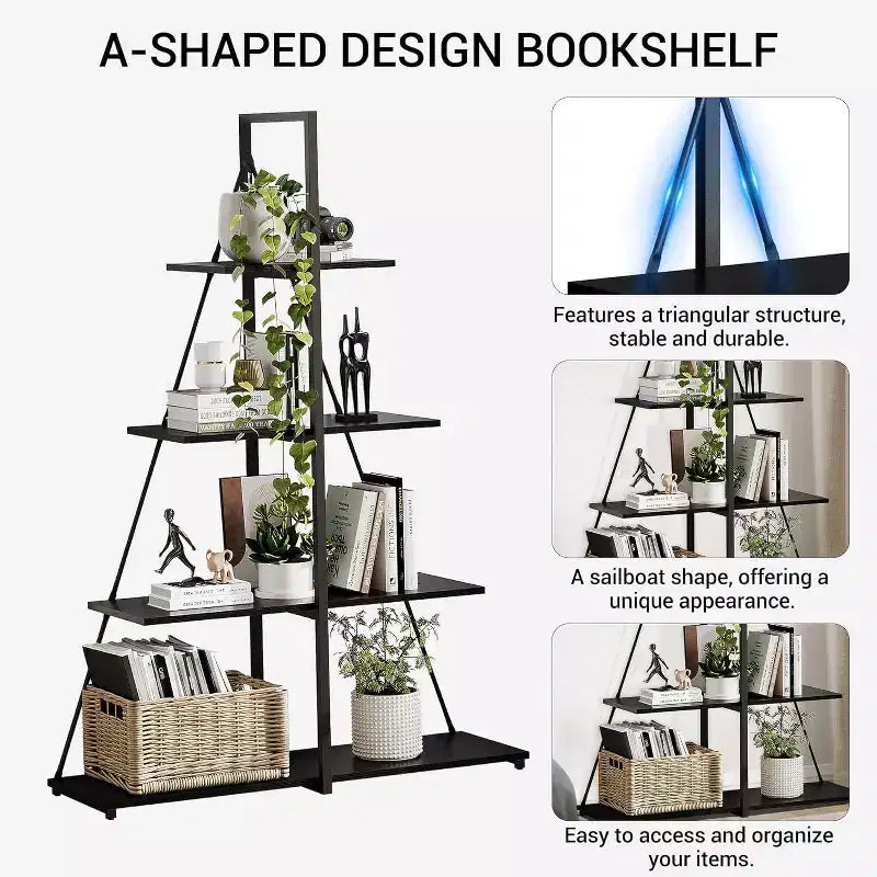 4-Tier Ladder Bookshelf, Multifunctional A-Shaped Bookcase, Storage Organizer, Industrial Metal Frame for Living Room, Home Office