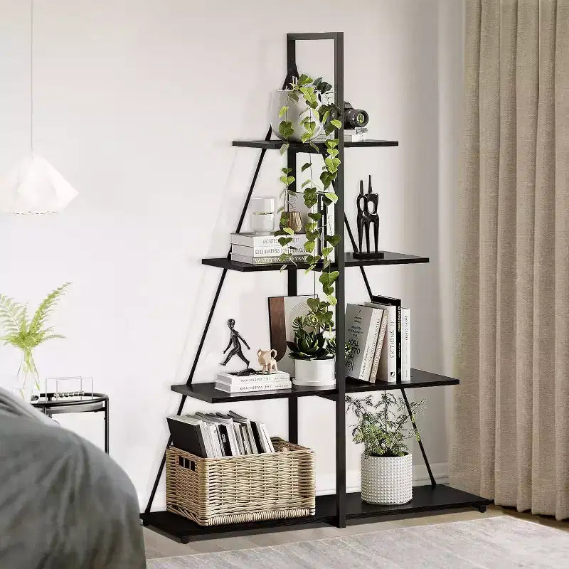 4-Tier Ladder Bookshelf, Multifunctional A-Shaped Bookcase, Storage Organizer, Industrial Metal Frame for Living Room, Home Office