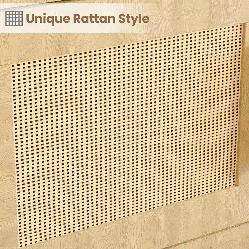 Five-layer wooden bookcase, storage cabinet with rattan door, modern style bookshelf, suitable for living room, bedroom and study