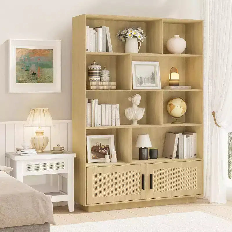 Five-layer wooden bookcase, storage cabinet with rattan door, modern style bookshelf, suitable for living room, bedroom and study