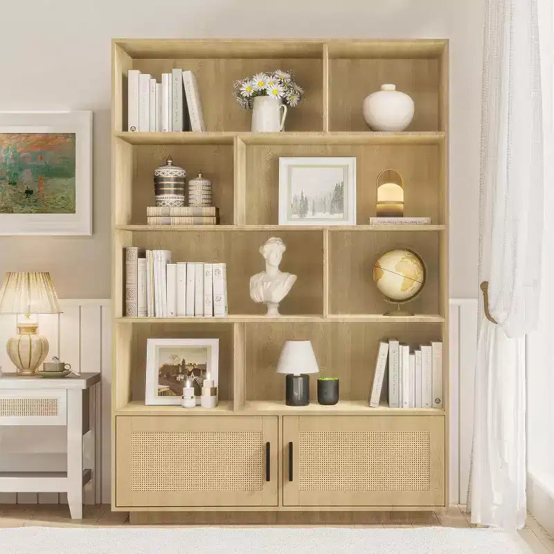 Five-layer wooden bookcase, storage cabinet with rattan door, modern style bookshelf, suitable for living room, bedroom and study