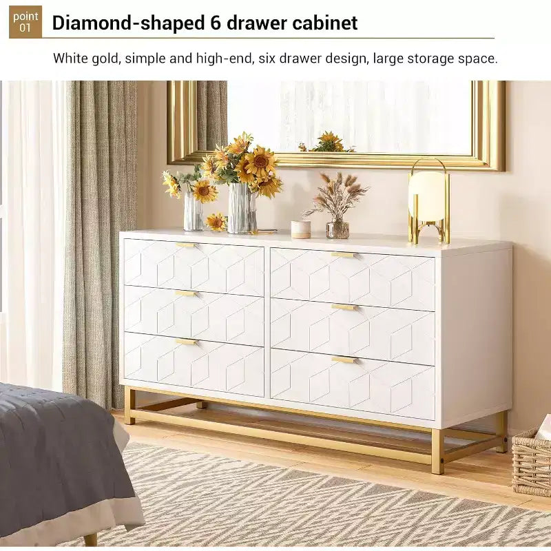 6-Drawer Dresser, Modern Wooden Bedroom Chest of Drawers With Storage Drawers, Farmhouse Style TV Stand for Living Room, Bedroom, Hallway