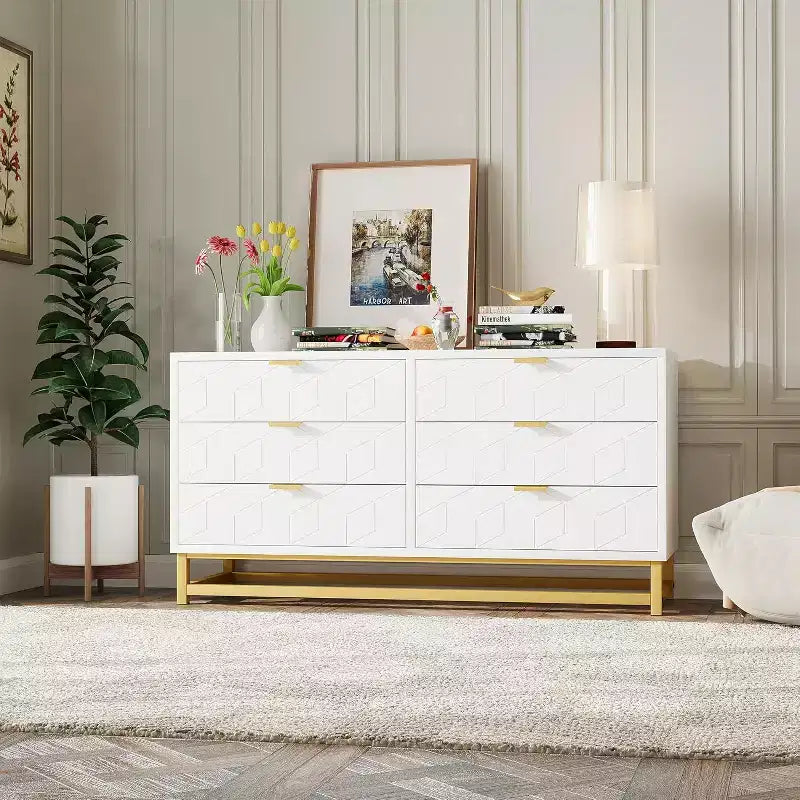 6-Drawer Dresser, Modern Wooden Bedroom Chest of Drawers With Storage Drawers, Farmhouse Style TV Stand for Living Room, Bedroom, Hallway