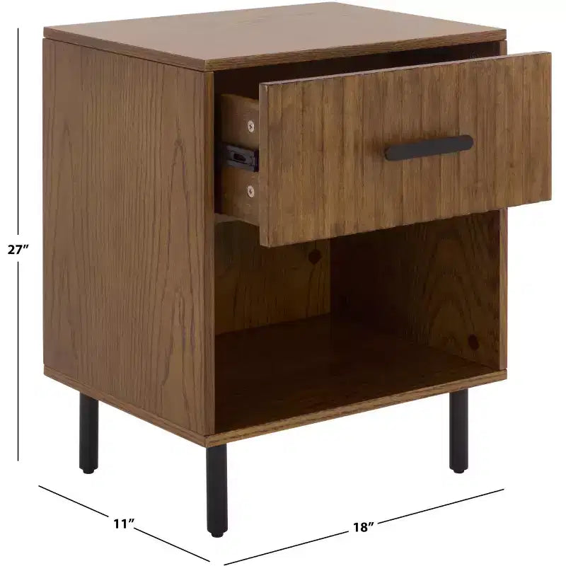 1 Drawer 1 Shelf Nightstand, Walnut, Metal Frame with MDF Surface