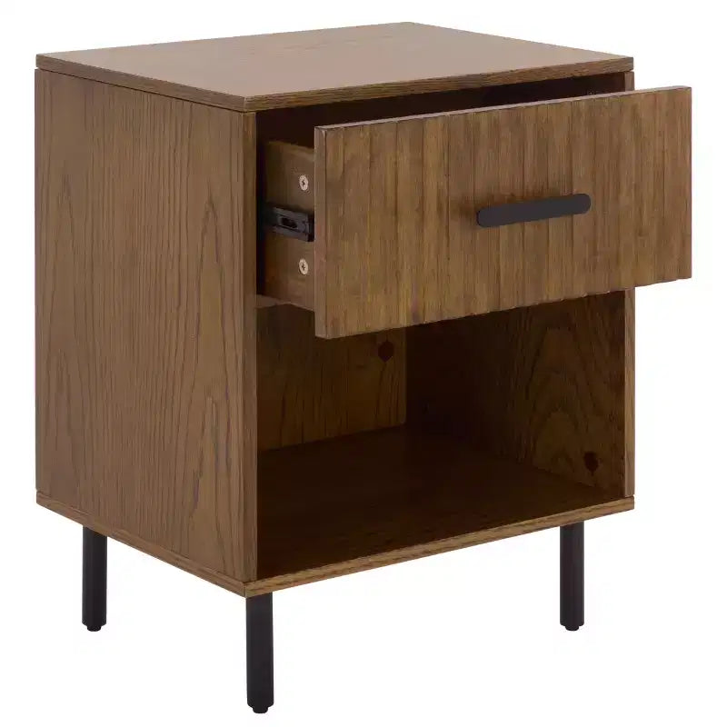 1 Drawer 1 Shelf Nightstand, Walnut, Metal Frame with MDF Surface