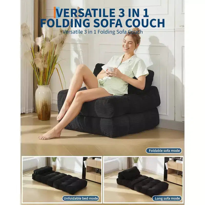 3-in-1 Folding Convertible Sofa Bed with Pillow Foldable Matress with Back Support, Comfy Portable Sleeper Chair Floor Sofa Lounge for Living Room