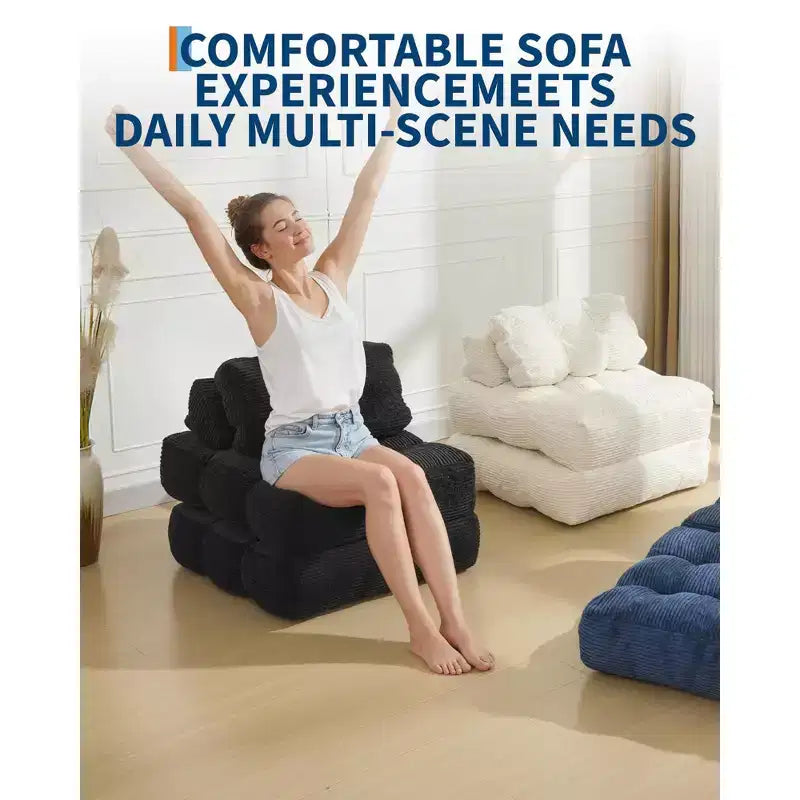 3-in-1 Folding Convertible Sofa Bed with Pillow Foldable Matress with Back Support, Comfy Portable Sleeper Chair Floor Sofa Lounge for Living Room