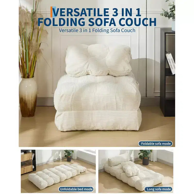 3-in-1 Folding Convertible Sofa Bed with Pillow Foldable Matress with Back Support, Comfy Portable Sleeper Chair Floor Sofa Lounge for Living Room