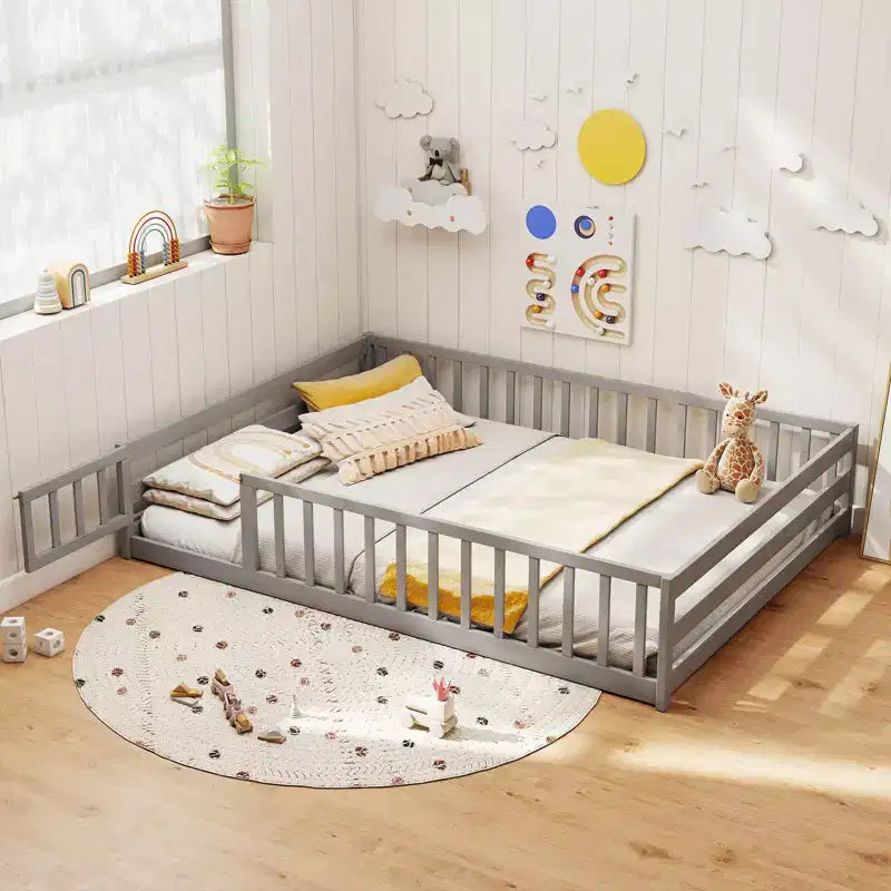 Full Size Floor Bed with Full Length Safety Guardrails and Door for Kids, Multiple Colors