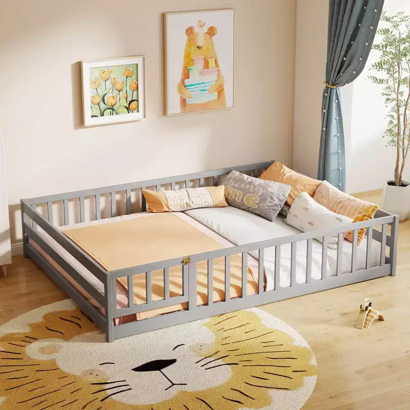 Full Size Floor Bed with Full Length Safety Guardrails and Door for Kids, Multiple Colors