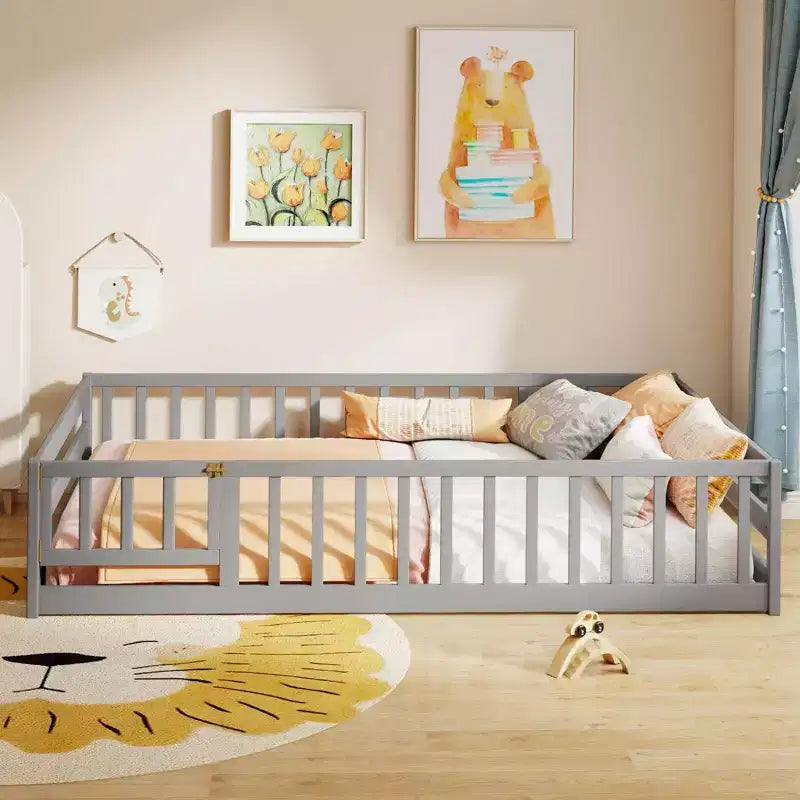 Full Size Floor Bed with Full Length Safety Guardrails and Door for Kids, Multiple Colors