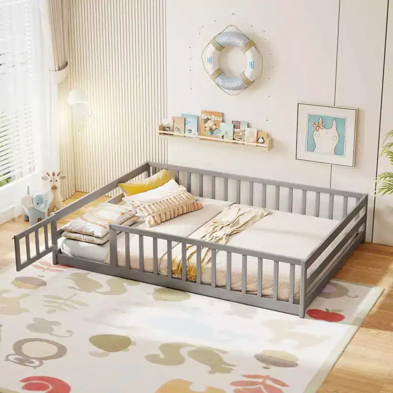 Full Size Floor Bed with Full Length Safety Guardrails and Door for Kids, Multiple Colors