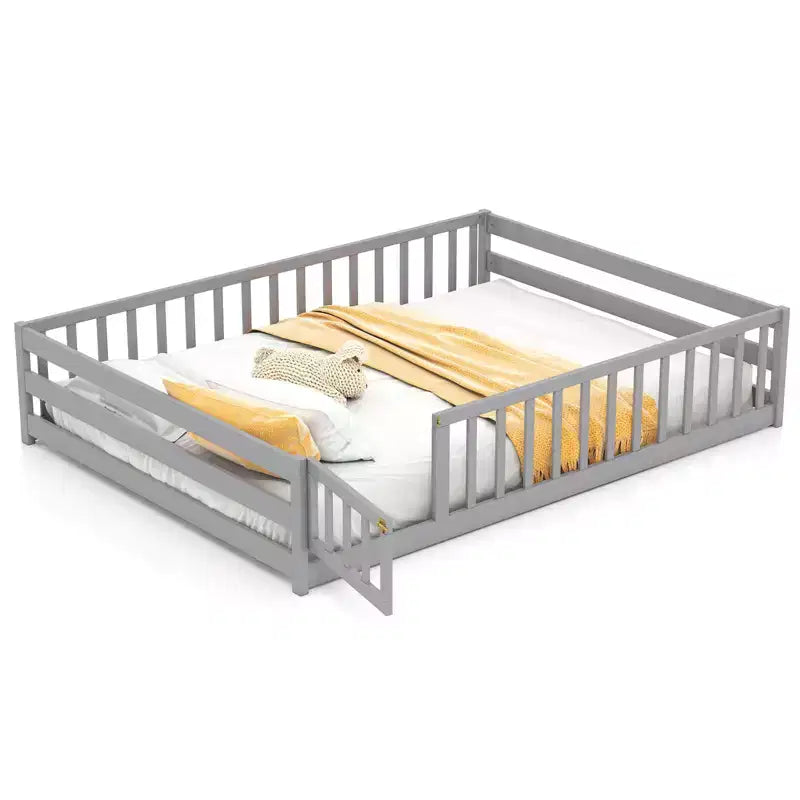 Costway Full Size Floor Bed with Full Length Safety Guardrails & Door for Boys, Girls Pink/Mint Sky/Icy Aqua/Gray/White/Natural