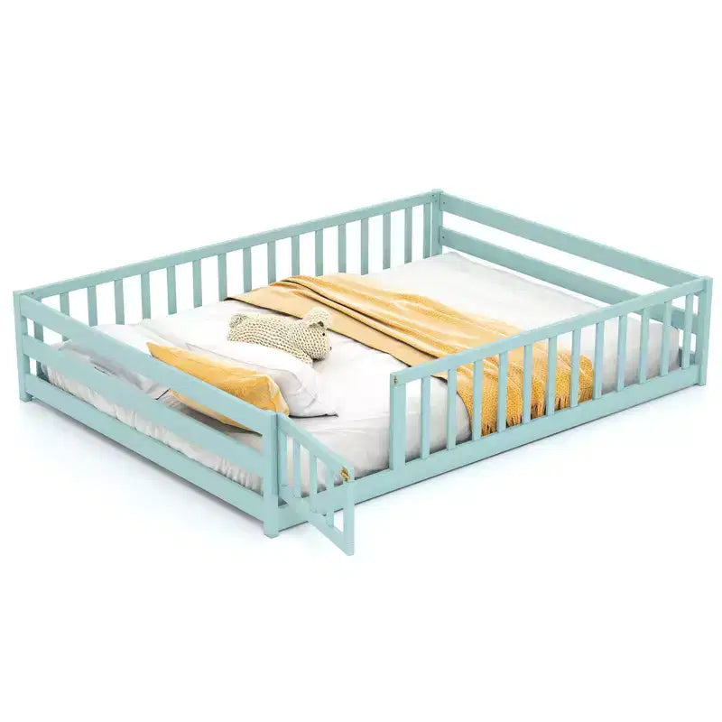 Full Size Floor Bed with Full Length Safety Guardrails and Door for Kids, Multiple Colors