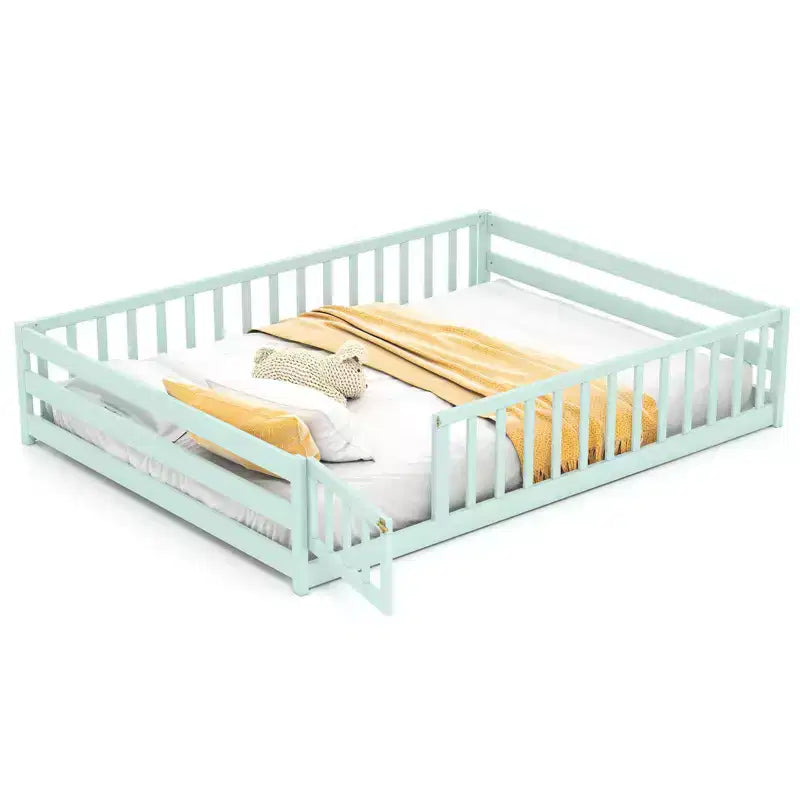 Full Size Floor Bed with Full Length Safety Guardrails and Door for Kids, Multiple Colors