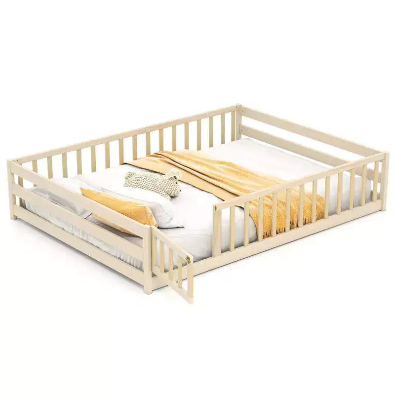 Full Size Floor Bed with Full Length Safety Guardrails and Door for Kids, Multiple Colors
