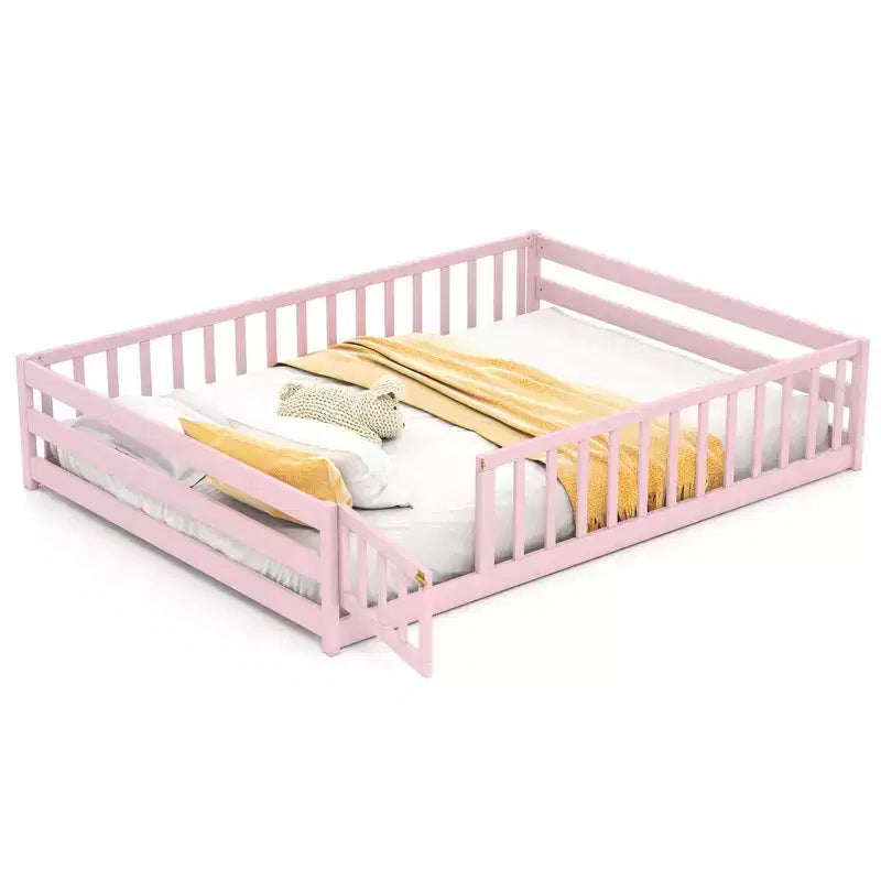 Full Size Floor Bed with Full Length Safety Guardrails and Door for Kids, Multiple Colors