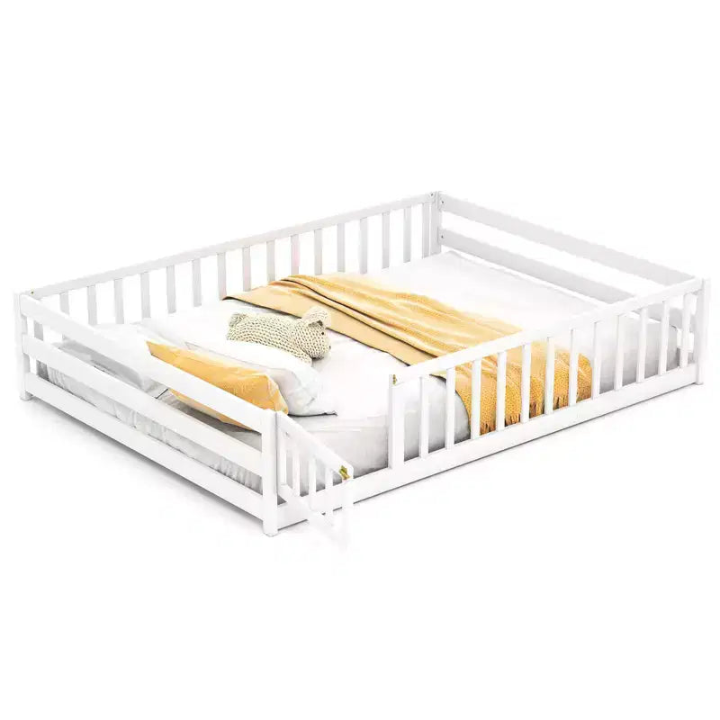 Full Size Floor Bed with Full Length Safety Guardrails and Door for Kids, Multiple Colors
