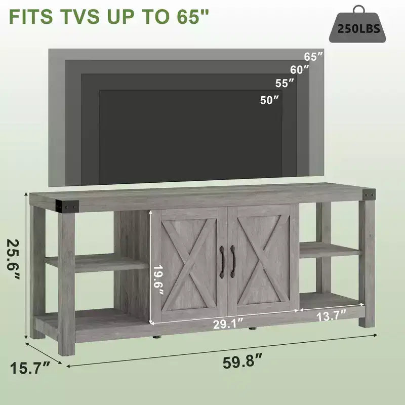 60 Farmhouse TV Stand for TVs up to 65, Gray Wood Entertainment Center with Adjustable Shelves, 2 Doors and Open Storage