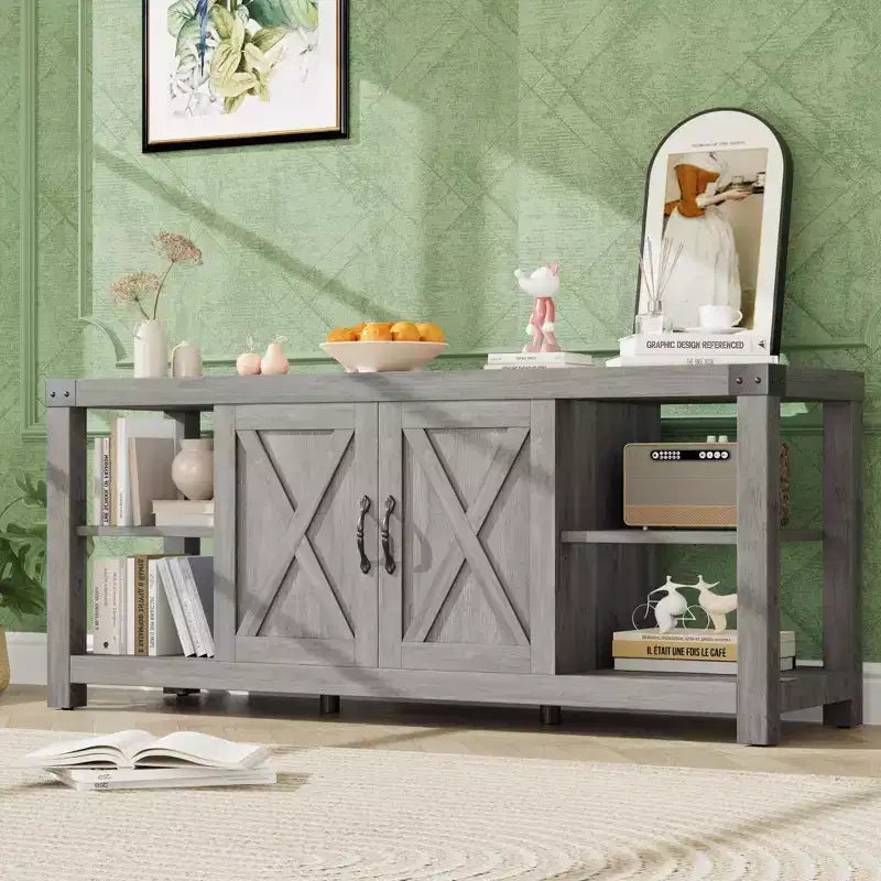 60 Farmhouse TV Stand for TVs up to 65, Gray Wood Entertainment Center with Adjustable Shelves, 2 Doors and Open Storage