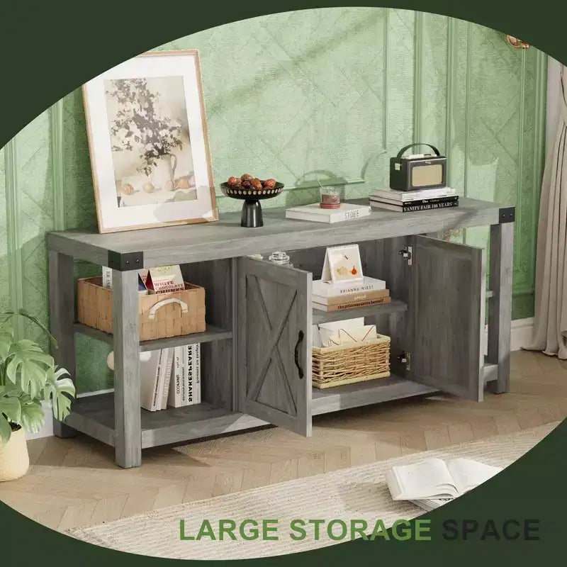 60 Farmhouse TV Stand for TVs up to 65, Gray Wood Entertainment Center with Adjustable Shelves, 2 Doors and Open Storage