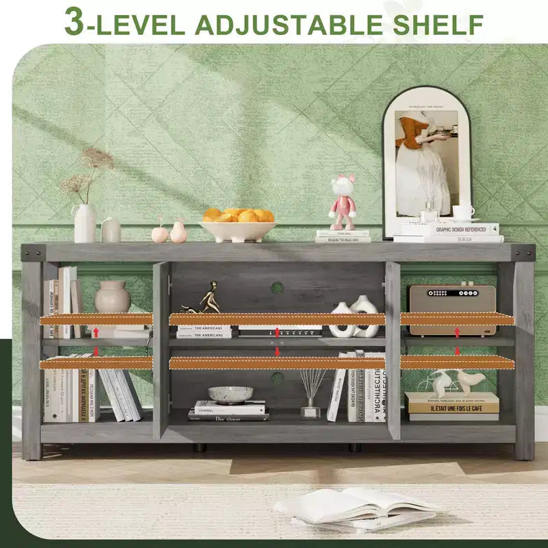 60 Farmhouse TV Stand for TVs up to 65, Gray Wood Entertainment Center with Adjustable Shelves, 2 Doors and Open Storage