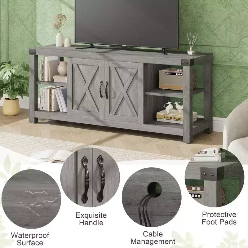 60 Farmhouse TV Stand for TVs up to 65, Gray Wood Entertainment Center with Adjustable Shelves, 2 Doors and Open Storage