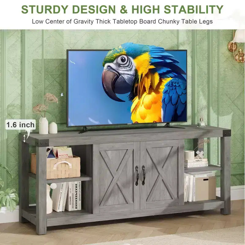 60 Farmhouse TV Stand for TVs up to 65, Gray Wood Entertainment Center with Adjustable Shelves, 2 Doors and Open Storage