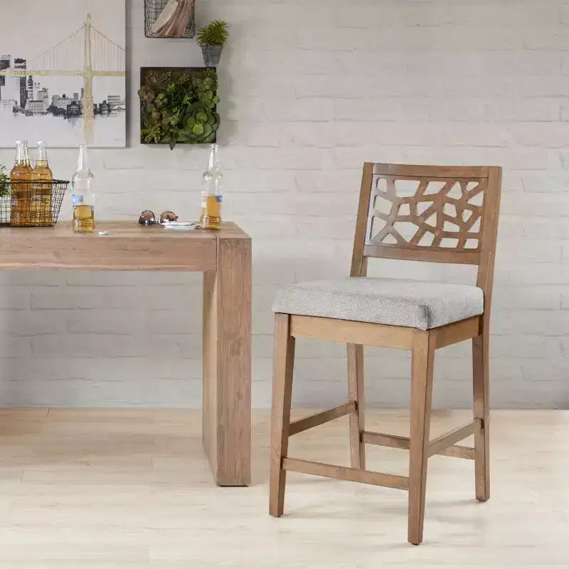Counter Height Barstool, Light Gray Upholstered Oak Veneer with Rubberwood Legs, 300 lbs Capacity