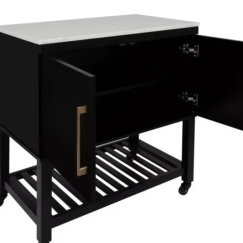 Kitchen Cart in Black with Granite Stone Top, Soft-Close Doors and Storage Shelves