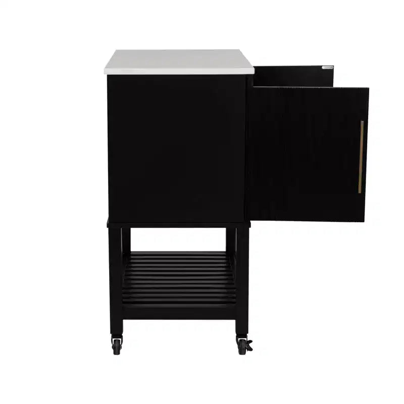 Kitchen Cart in Black with Granite Stone Top, Soft-Close Doors and Storage Shelves