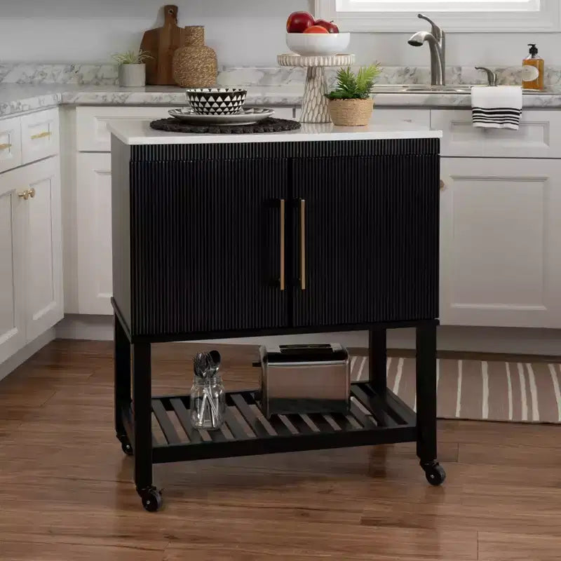 Kitchen Cart in Black with Granite Stone Top, Soft-Close Doors and Storage Shelves