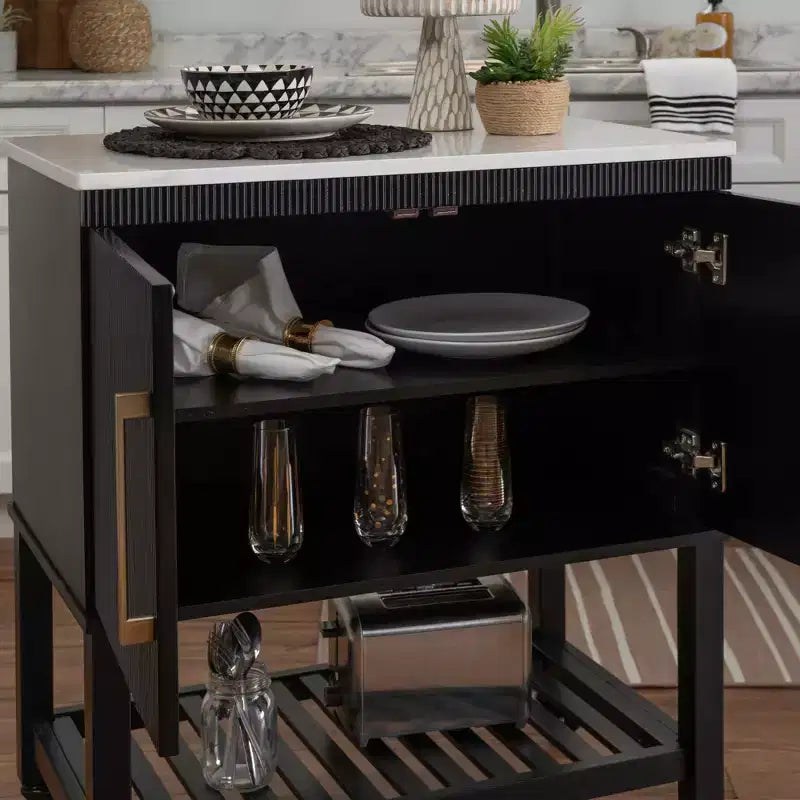 Kitchen Cart in Black with Granite Stone Top, Soft-Close Doors and Storage Shelves