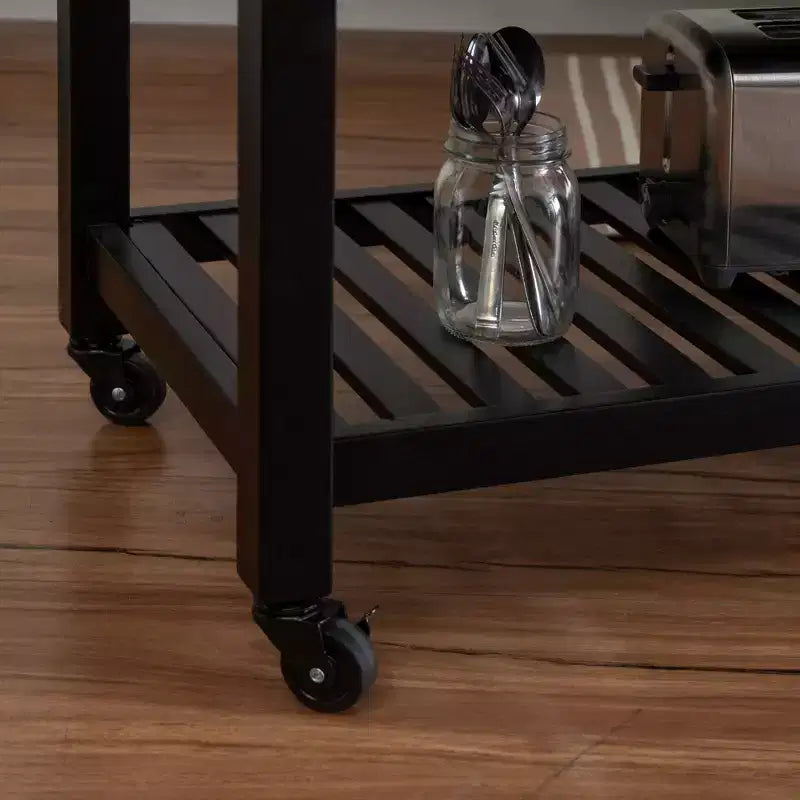 Kitchen Cart in Black with Granite Stone Top, Soft-Close Doors and Storage Shelves