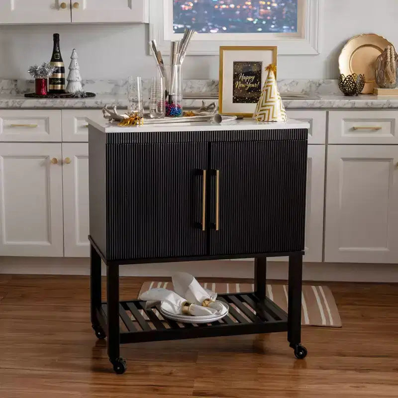 Kitchen Cart in Black with Granite Stone Top, Soft-Close Doors and Storage Shelves