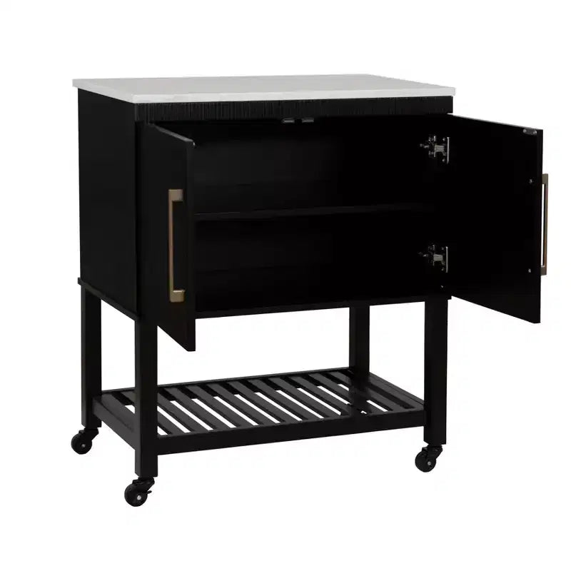 Kitchen Cart in Black with Granite Stone Top, Soft-Close Doors and Storage Shelves