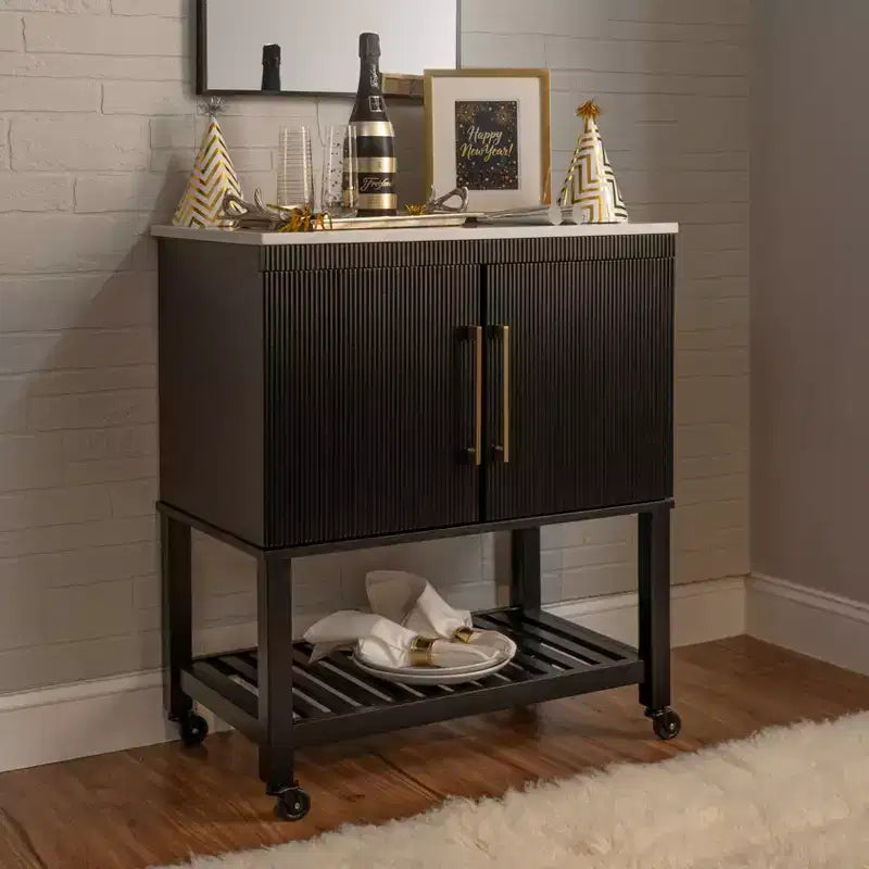 Kitchen Cart in Black with Granite Stone Top, Soft-Close Doors and Storage Shelves