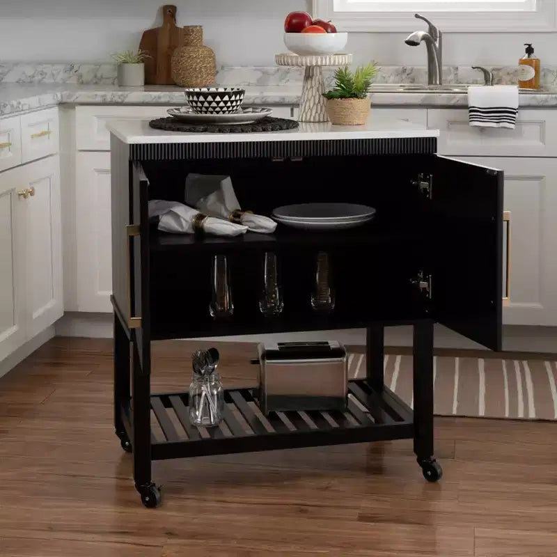 Kitchen Cart in Black with Granite Stone Top, Soft-Close Doors and Storage Shelves