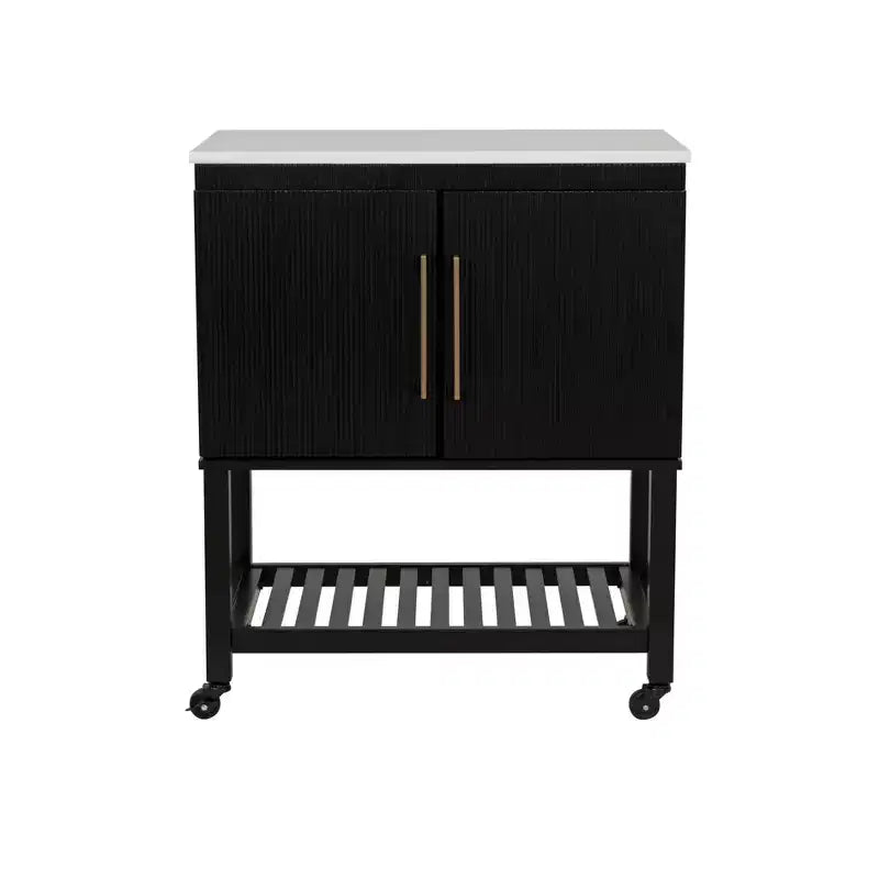 Kitchen Cart in Black with Granite Stone Top, Soft-Close Doors and Storage Shelves