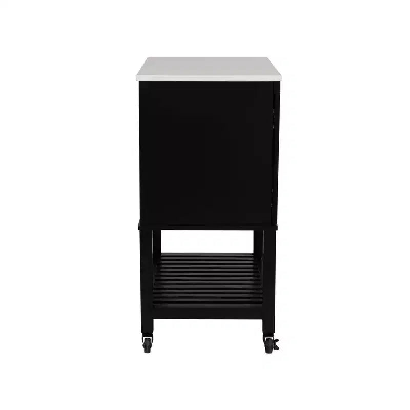 Kitchen Cart in Black with Granite Stone Top, Soft-Close Doors and Storage Shelves