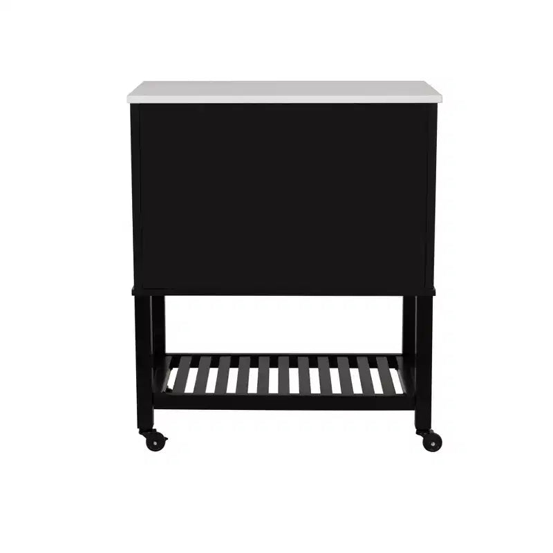 Kitchen Cart in Black with Granite Stone Top, Soft-Close Doors and Storage Shelves