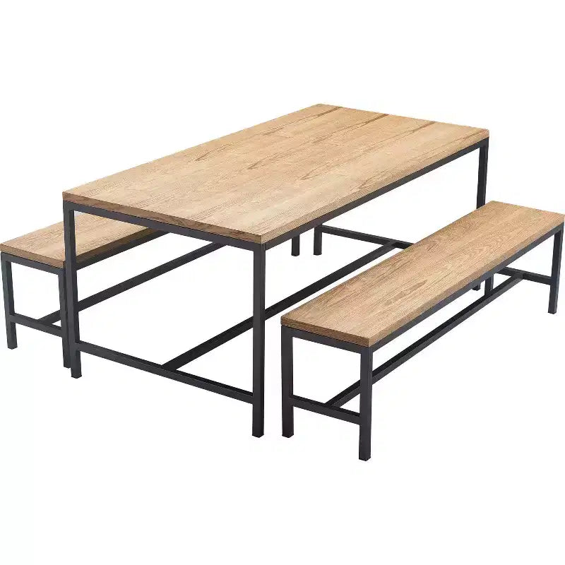 Natural Wood and Black Metal Dining Table, Industrial Style, Seats 6