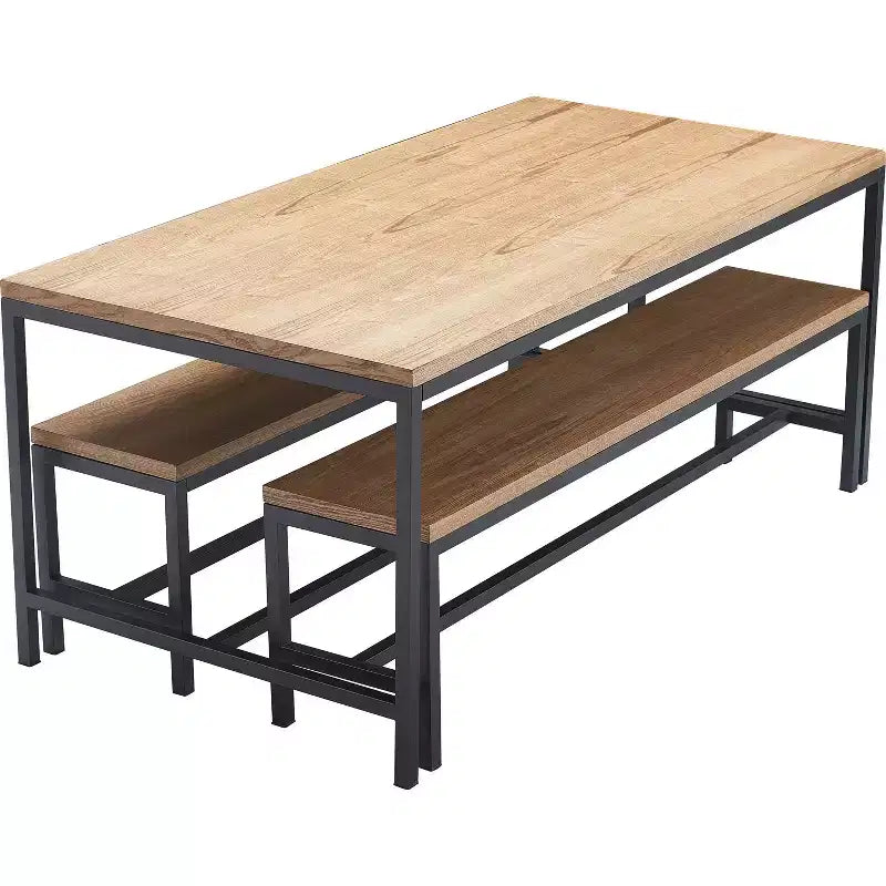 Natural Wood and Black Metal Dining Table, Industrial Style, Seats 6