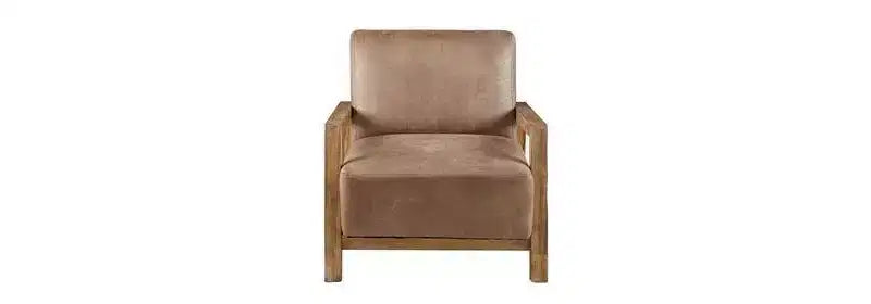 Accent Chair, Taupe and Natural, Solid Wood Arms with Reclaimed Finish and Polyurethane Leather