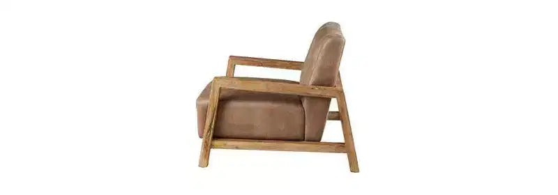 Accent Chair, Taupe and Natural, Solid Wood Arms with Reclaimed Finish and Polyurethane Leather