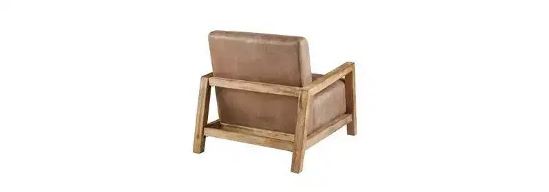 Accent Chair, Taupe and Natural, Solid Wood Arms with Reclaimed Finish and Polyurethane Leather