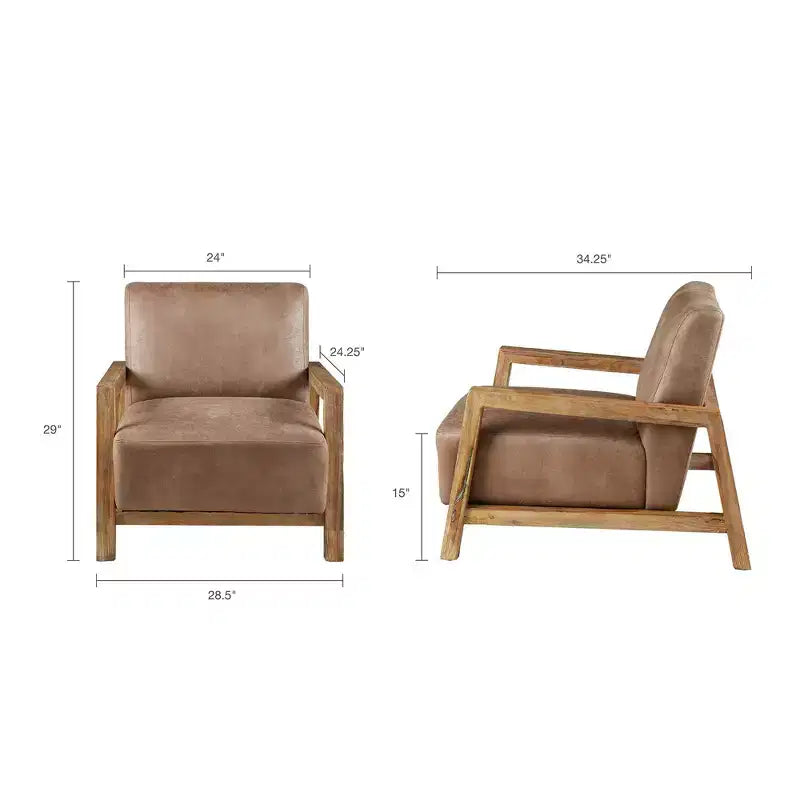 Accent Chair, Taupe and Natural, Solid Wood Arms with Reclaimed Finish and Polyurethane Leather