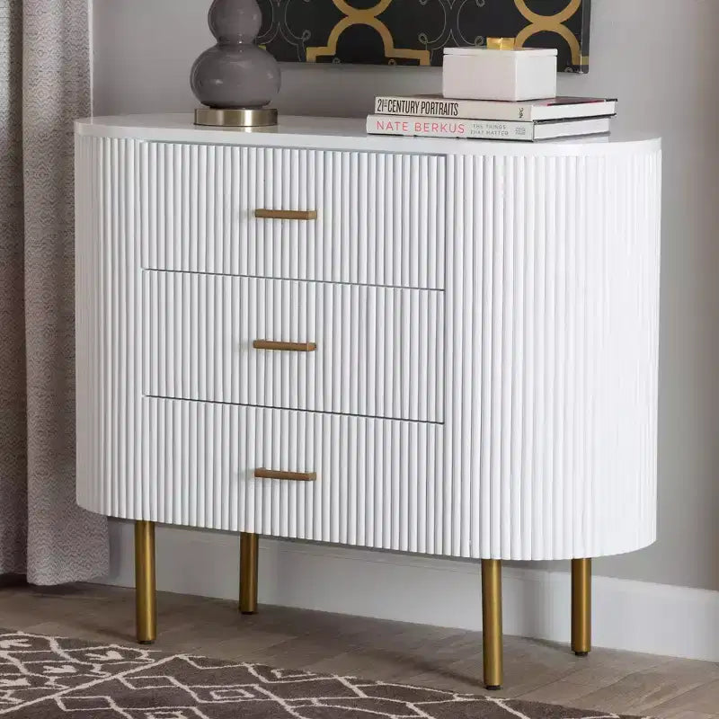 bali & pari Beyla Fluted Wood and Metal 3 Drawer Dresser White/Gold