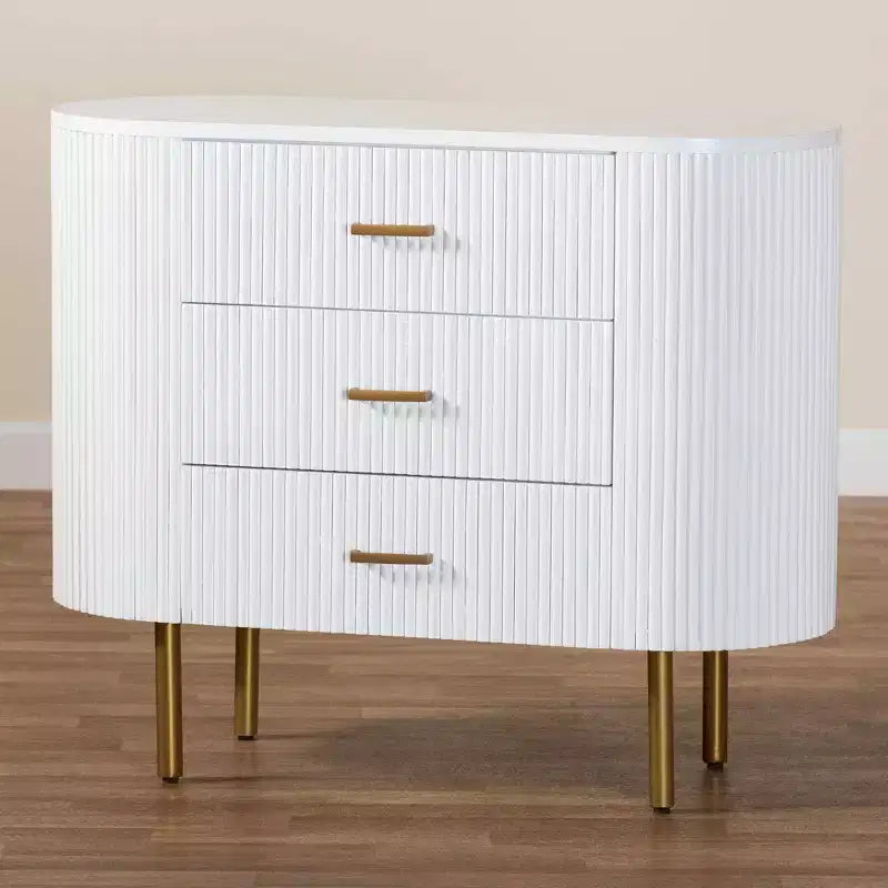 Fluted Wood and Metal 3 Drawer Dresser, White and Gold, Mid-Century Style