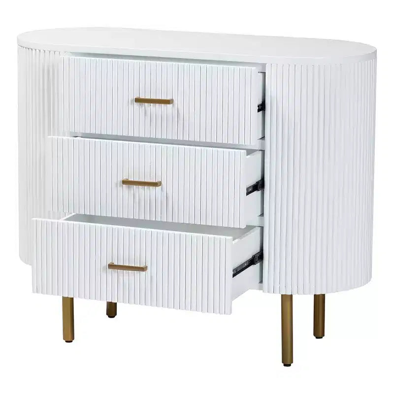 Fluted Wood and Metal 3 Drawer Dresser, White and Gold, Mid-Century Style
